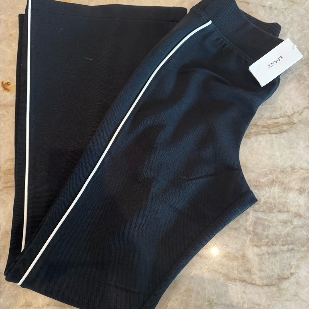 SPANX Black Track Pants and Zip Front Top with White Stripe
